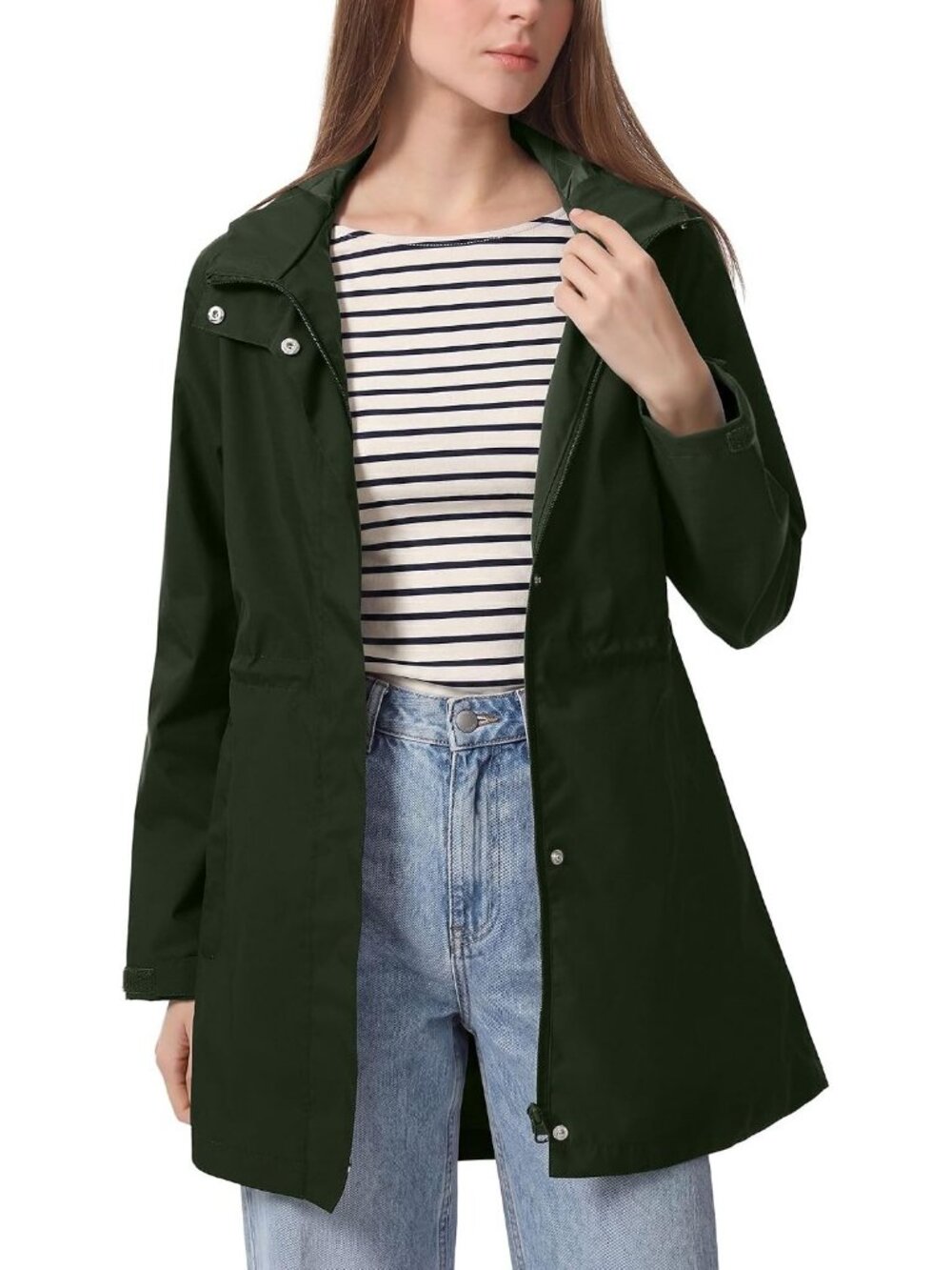 Women's Army Green Rain Jacket Waterproof Hooded Long Raincoat Zipper Pockets